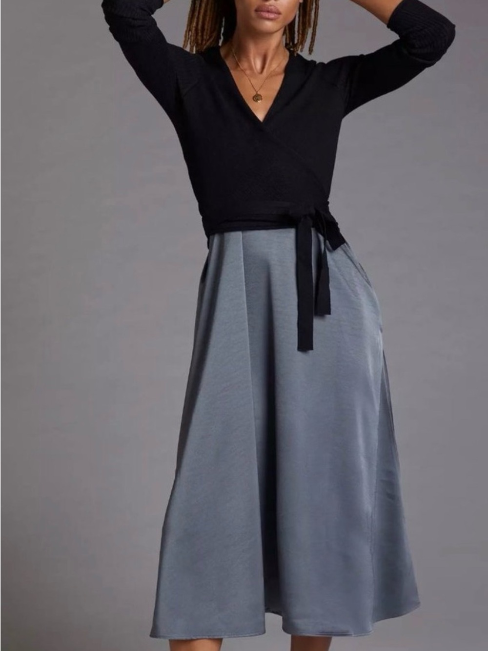 Anthropologie Daily Practice Twofer Black Wrap Sweater & Gray A-Line Midi Dress